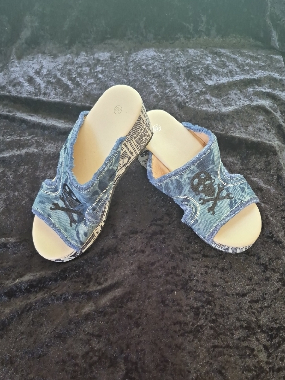 Denim Skull Slide Sandals - Blue